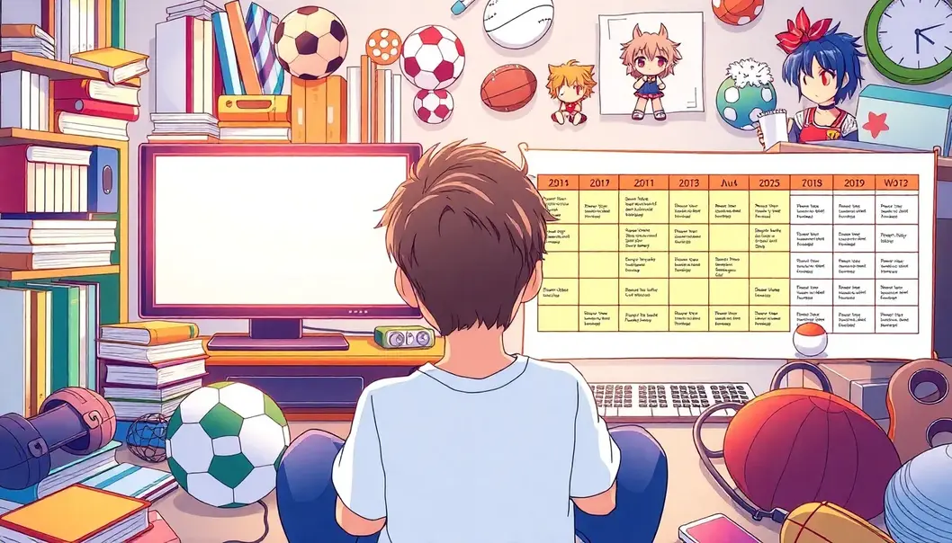 Young anime fan creating a balanced schedule with various activities.