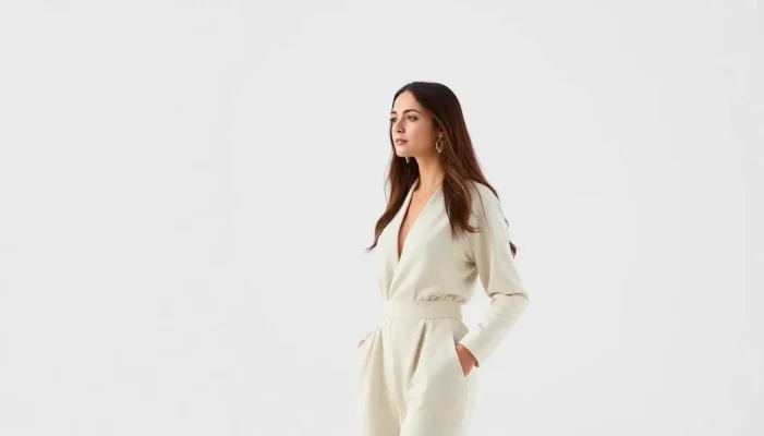 An elegantly dressed model in minimalist fashion, set against a calm, monochromatic background.