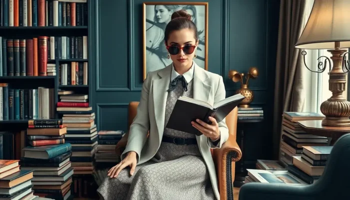 Stylishly dressed person in an elegant reading nook surrounded by books.