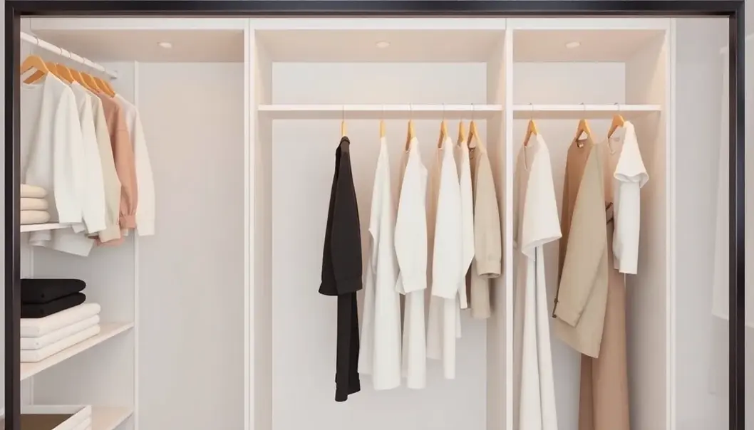 A minimalist wardrobe featuring neutral-toned, high-quality garments.