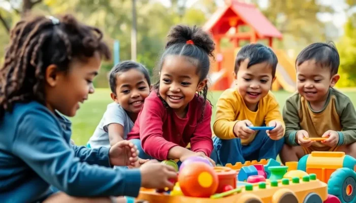 Diverse children playing with toys in a playground, symbolizing cognitive and physical growth.