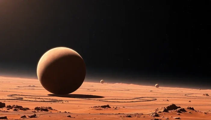 A cosmic scene showing Mars with water glimmers and distant black holes.